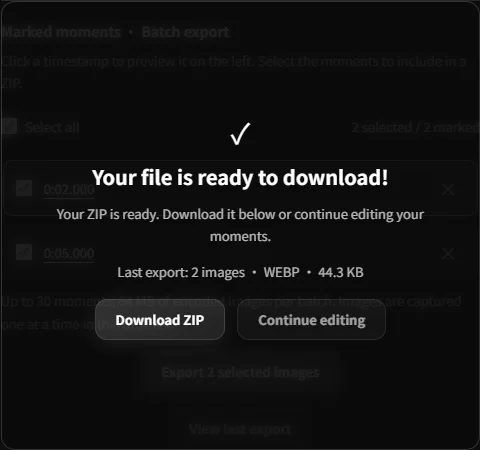 实际完成卡片显示在标记时刻面板上,一个包含两幅图像的 WebP ZIP 文件已准备下载
